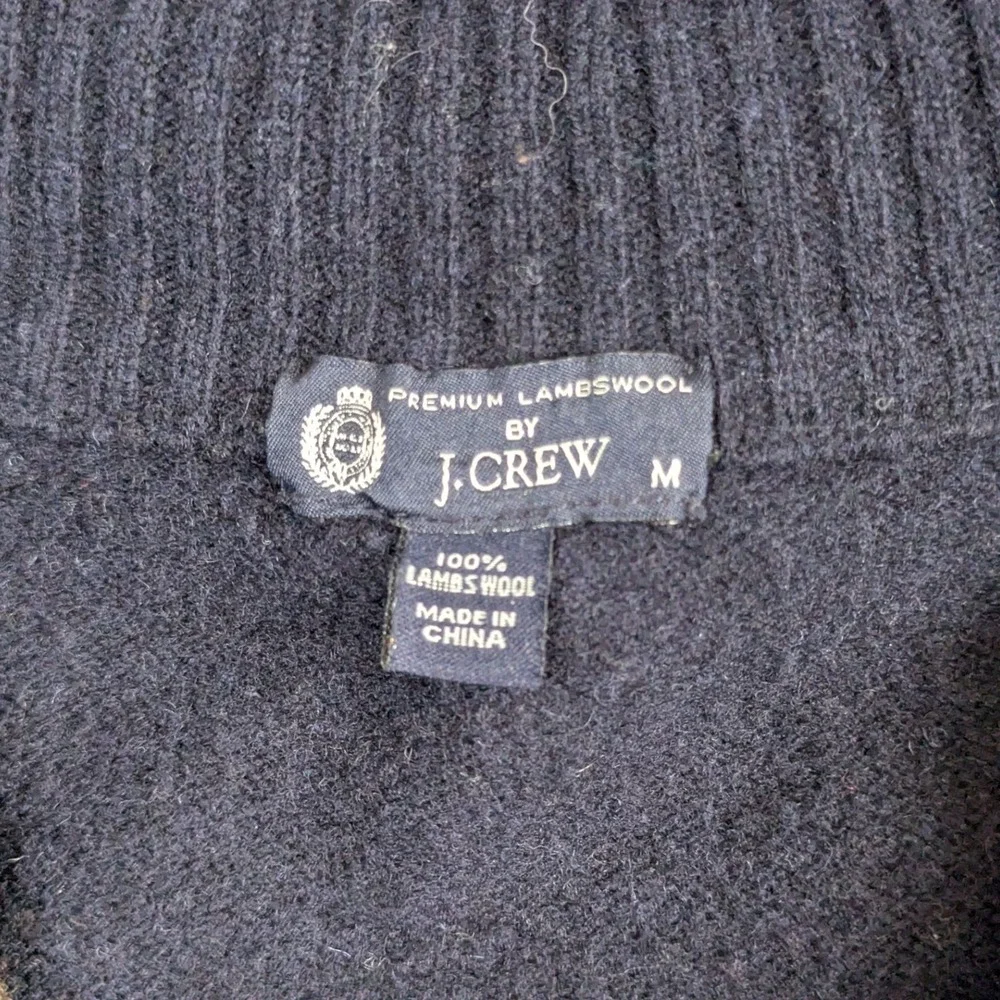 J. Crew Mens Argyle Quarter Zip Sweater Navy Blue Lambswool Elbow Patches Medium